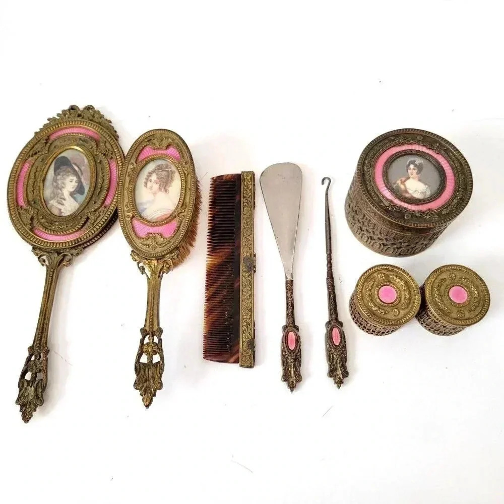 Guilloche Enamel Gilt Dresser Set 8 Piece France Antique Filigree Bronze Pink